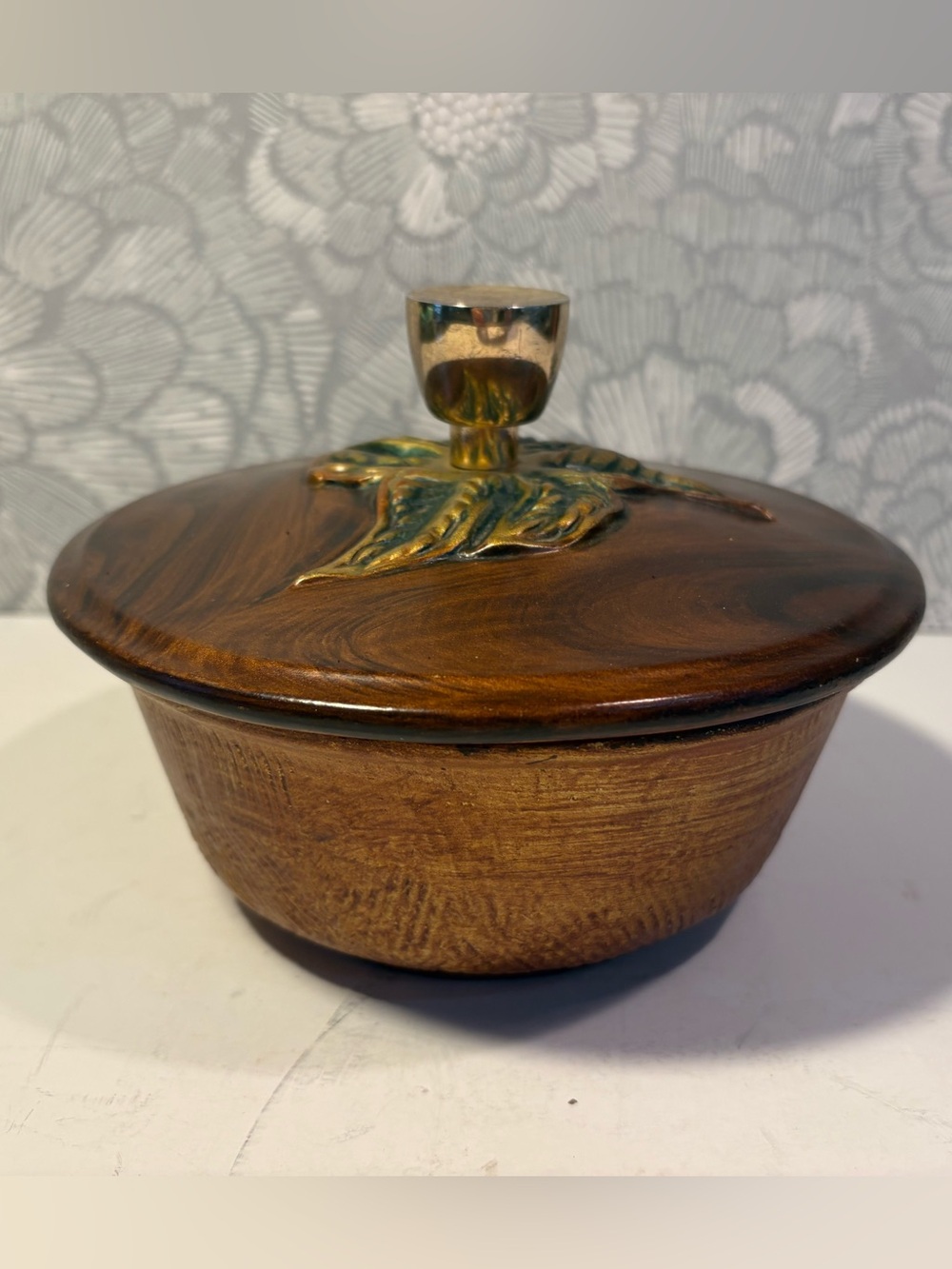 MCM Cal Style USA Ceramic Woodgrain Lidded Serving Bowl And Gold Tone Handle